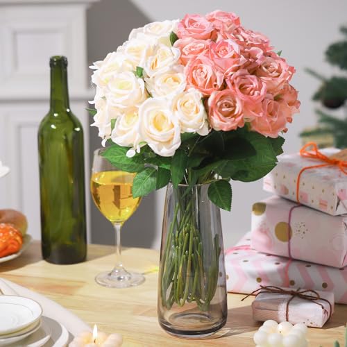 36 Pcs Pink Champagne Rose Artificial Flowers Bulk with Long Stem,Realistic Silk Fake Roses Plastic Roses Bouquet Artificial Flowers for Bridal Wedding Arrangement Table Centerpieces Decor - color: Pink, Champagne