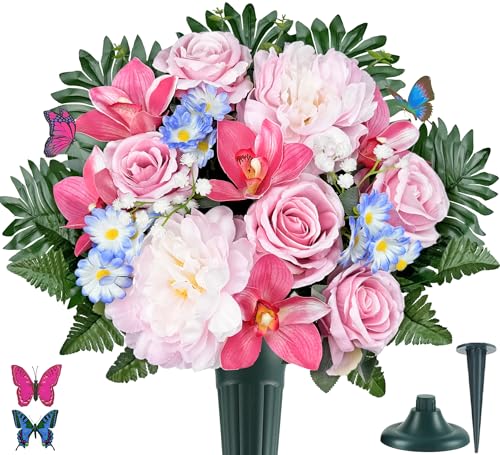 Cemetery Flowers with Vases for Grave Decor, Silk Lily Rose Cymbidium Hibiscus Daisy-Headstone Flower,Tombstone Flower - Bright and Colorfast,Pink/Blue,2 Lovely Butterflies Included