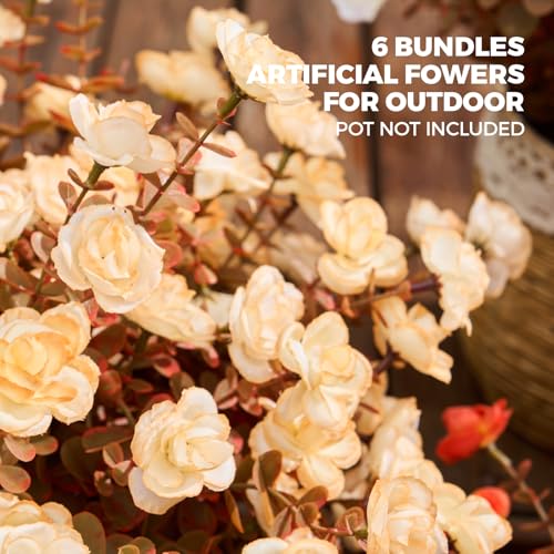PONKING Artificial Flowers for Outdoors Patio Decoration 6 Bundles Fake Flower Rose UV Resistant Faux Plants Yard Garden Porch Home Boxwood Patio Halloween Decor, Fall Champagne Flower - color: D Fall Champagne Rose 6pcs