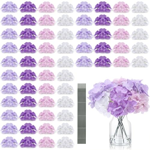 Suncalla 60 Pcs Artificial Hydrangea Flowers Bulk Silk Hydrangea Full Flowers Heads with Stems for Wedding, Home Table Centerpieces, Garden, Baby Shower, Party Decoration (Purple) - color: Purple