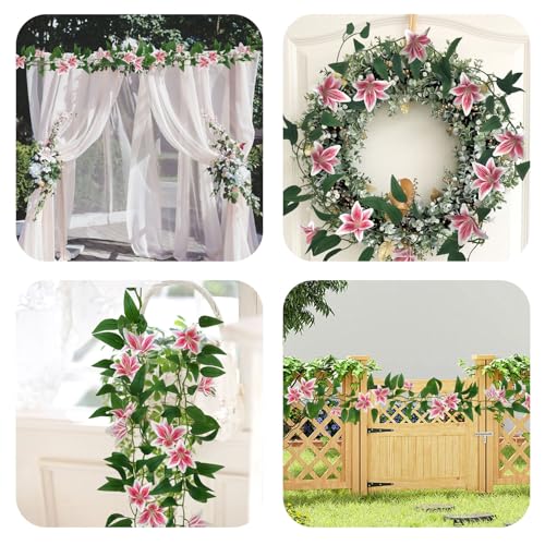 SNAIL GARDEN 2 Pack（14.6ft ） Fake Lilies Flower Vines, Pink Vines Lilies Flowers with 16 Heads, Flower Vines for Decoration ，Fake Flower Vines for Home, Garden, Table Centerpiece, DIY Wreath