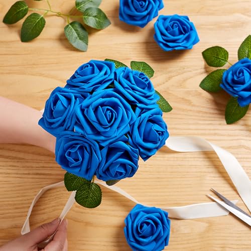 16 Pcs Blue Roses Artificial Flowers | Foam Roses with Stems, Blue Fake Flowers for DIY Wedding Bouquets, Centerpieces, Home Decor - color: Royal Blue