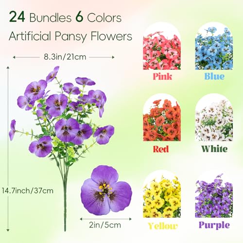 MACTING 24 Bundles Artificial Flowers for Outdoors UV Resistant Fake Outdoor Pansies Plants Plastic Flowers for Planters Window Front Door Porch Yard Patio Garden Home Summer Decorations(Mix Color) - color: Mix Color, size: 24 PCS