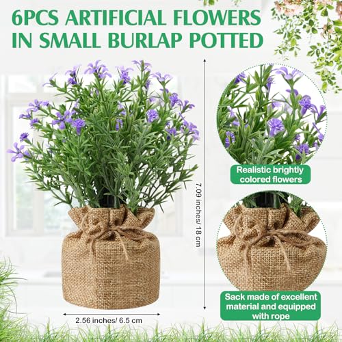 Yunlly 6 Pcs Artificial Pot Wildflowers Fake Plants Flowers Burlap Potted Plant Artificial Plants in Pots Spring Decorations for Wedding Home Desk Tabletop Outdoor Office Kitchen