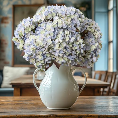 Artificial Flower Fake Silk Hydrangea Heads Bouquet with Stems Bulk for Fall Decoration Table Center Christmas Indoor Outdoor Faux Floral Realistic with Leaves Plants Crafts 8PCS(Blue) - color: Blue