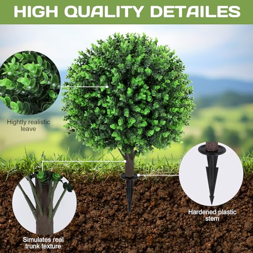 Artificial Green Eucalyptus Topiary Ball Tree 24" with Ground Spike, Set of 2 Artificial Boxwood Bushes for Faux Shrubs, Fake Evergreen Faux Plant for Indoor Outdoor Garden -UV Resistant–Fade-Proof - color: Green Eucalyptus