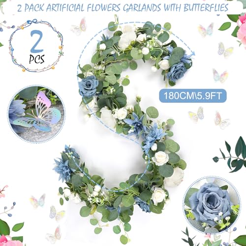 Eucalyptus Garland with Flowers - 2 Pack 5.9 FT Artificial Flower Garland with Butterflies Faux Rose Greenery Garlands for Backdrop Wedding Arch Centerpieces Decorations - Dusty Blue & White - color: Dusty Blue & White, size: 2 Pack