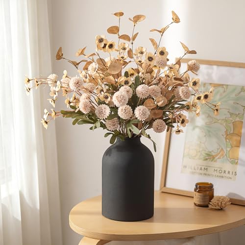 BLOSMON Beige Faux Flowers in Vase: Metal Vase with 12 Stems of Fake Mums Wax Eucalyptuses for Dining Table Centerpiece Decor - Artificial Silk Kiku Pom Poms Wild Farmhouse Floral Arrangements - color: Beige Wax + Kiku