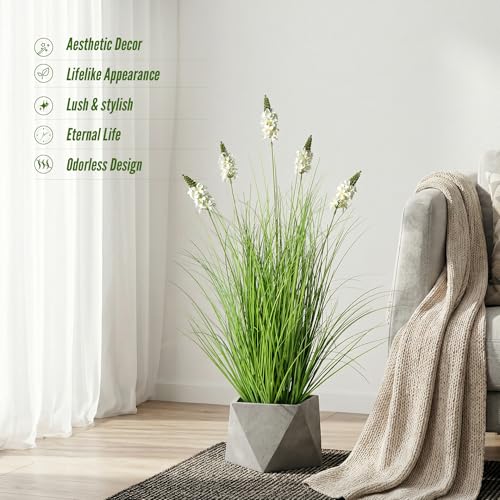 Artificial Plants Indoor Tall Grass Plants with Hyacinth Flower 35.4In Tall Artificial Ornamental Grass Green Onions Outdoor Fake Plants with Black Pot Home Office Decorative (1 Pack,White) - color: 0.9m White1