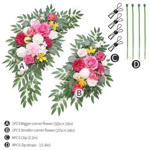Artificial Wedding Arch Flowers Kit(Pack of 2) for Wedding Arch, Bridal Shower, Ceremony and Reception Backdrop Decoration (Bright Pink) - color: Bright Pink
