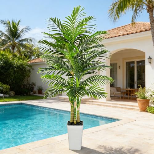 Artificial Golden Cane Palm Tree 7FT, Fake Palm Tree with Three Realistic Trunks and Lifelike Palm Leaves, Faux Palm Plant for Indoor Home Décor with White Planter - color: White, size: 7FT