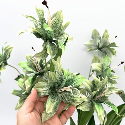 Artificial Silk Flowers Fake Lily Flower Long Stems Stargazer Lilies 4 Pack, Faux Tiger Bouquets with Full Bloom Floral Real Touch Plants for Home Kitchen Decor Wedding Party Hotel Decoration - Green - color: Lily Silk Flowers / Green 4 Pack