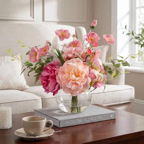 Artificial Flowers in Vase,Realistic Silk Peonies and Tulip Faux Flowers with Faux Water,Perfect for Table Centerpiece,Wedding,Fuchsia Fake Peonies in Vase for Floral Arrangements - color: Mix Peony-fuchsia