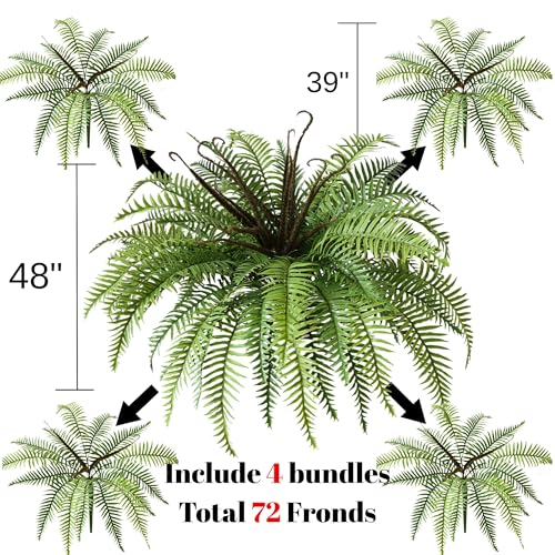 Muhanjia Polyester Artificial Boston Fern Bush,Set of 4,Fake Fern Hanging Plants UV Resistant that Look Real for Outdoors and Home Decor. (39" 4Pcs-Green) - color: Green