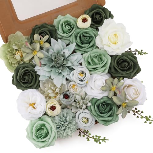 Floweroyal Artificial Flowers Combo Green Flowers Mix Silk Flowers Dahlia Roses with Stems for DIY Wedding Bridal Bouquets, Baby Shower, Floral Arrangement, Table Centerpieces, Home Decorations. - color: Forest Green