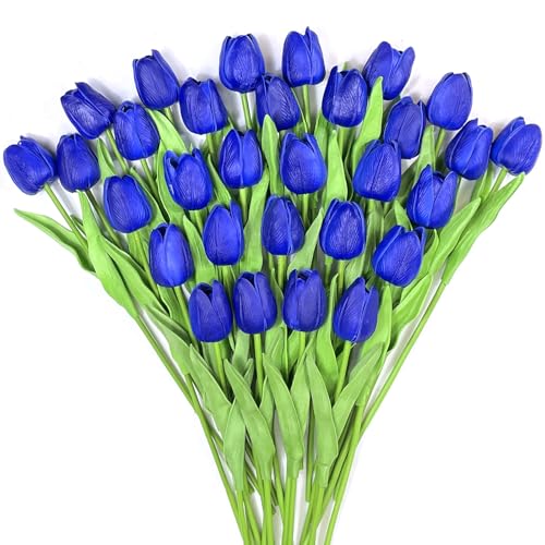 30 PCS Artificial Tulips Real Touch Tulips 13.5inch Long Stem Fake Flowers Silk Flowers for Spring Easter Mother's Day Decorations（Royal Blue） - color: Royal Blue
