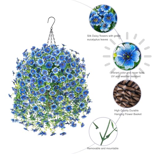 HyeFlora Artificial Hanging Flowers Basket for Outdoor, Fake Flowers Faux Plants Look Real for Yard Gardens Porch Patio Home (Blue) - color: Blue