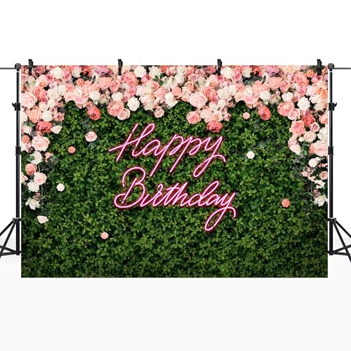 Riyidecor Happy Birthday Backdrop Vinyl for Women Neon Flower Wall Pink Rose Green Leaves Floral Blossom Botanical Plant Nature 10Wx8H Feet Girls Photography Background Birthday Photo Studio Shoot - color: A-Birthday （Green Rose）, size: 10Wx8H