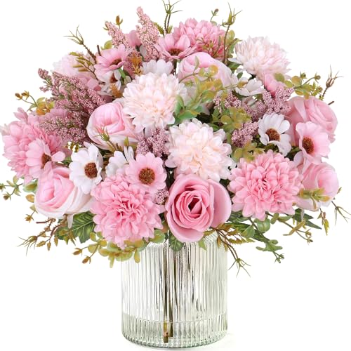 Dremisland Artificial Flowers Like Real Artificial Bouquet 4 Packs Silk Artificial Roses Bouquet with Daisy Chrysanthemum Pink Flowers for Valentines Day Centerpiece Table Wedding Party Decor - color: Pink, size: 4PCS