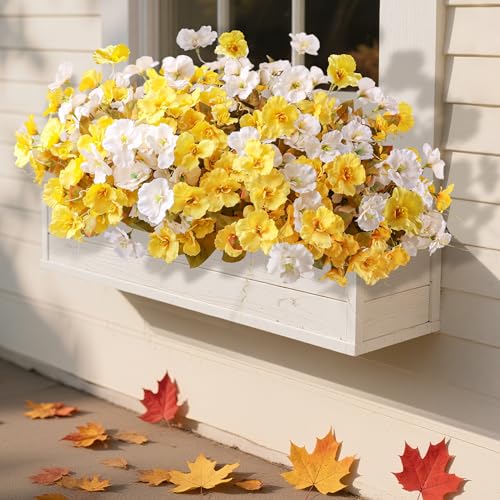 Hoppwodd Fall Flowers Fake Flowers Mums for Outdoors Autumn Decoration, 6 Bundles Artificial Flowers Faux Silk Plants Realistic UV Resistant for Outside Planter Patio (Fall Yellow White) - color: Fallyellwhi