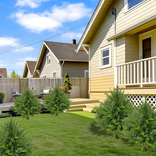 24.5 Inch (H) Artificial Cedar Topiary Ball Trees, Set of 4 UV Resistant Fake Shrub Bushes with Ground Spikes, Faux Outdoor Plants for Garden, Patio, Front Porch & Indoor Decor (4)