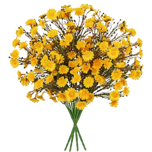UV Resistant Yellow Daisy Artificial Flowers Lush 4 Bouquets Silk Fake Daisies, 14" UV Protected Faux Daisy Flowers for Indoor & Outdoor Vase, Planter, Floral Arrangements, Centerpieces, Wedding Decor - color: Yellow