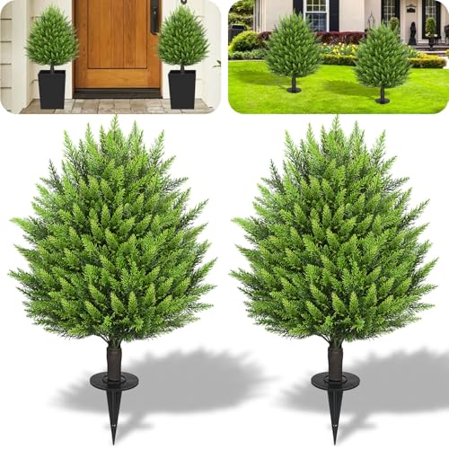 31" Artificial Cedar Topiary Ball Trees with Ground Spike,2 Pack Fake Bushes Shrubs Pine, UV Resistant Faux Evergreen Cypress Tree Plants for Indoor Outdoor Planters Front Porch Garden Decor