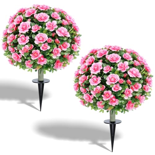 24''Artificial Flowers for Outdoors,2 Pack Topiary Ball Trees Fake Outdoor Plants with Ground Spike,UV Resistant Faux Shrubs for Garden,Porch,Front,Patio,Pink Crabapple Blossoms - color: Pink Crabapple Blossoms