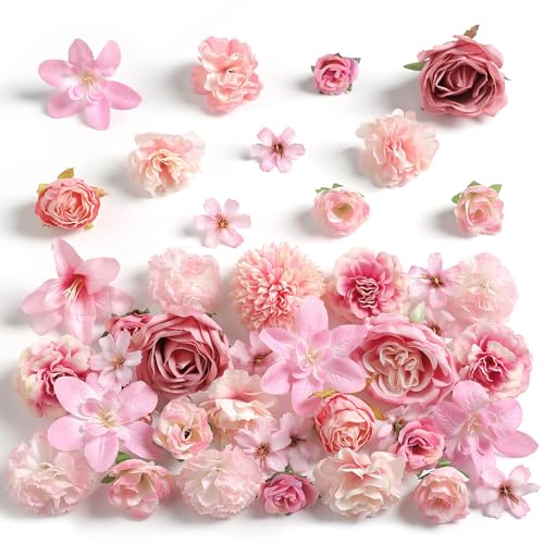 rongflower Fake Flower Heads for Crafts - Pink Silk Artificial Roses, Peonies, Daisies & Mini Floral Heads Bulk (48-Pack) for Wedding Decor, Graduation Cap, Cake Topper, Baby Shower, Home Decoration - color: Pink