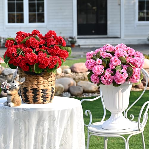 Waipfaru 12Pcs Artificial Fake Flowers for Outdoors, UV Resistant Outdoor Faux Plants, Silk Geraniums Red Flower for Garden Porch Planter Patio Balcony Yard Indoor Home Decoration (12, Red) - color: Red, size: 12 PCS