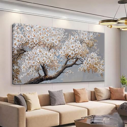 Modern Wall Art Decor White Flowers On Tree Artwork For Walls Decor Ready To Hang Pictures For Bedroom Wall Decor Living Room Office Kitchen Bathroom Canvas Prints 20x40 Inch - color: White Brown, size: 40"L x 20"W