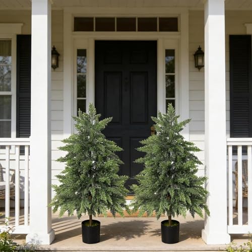 Real Touch Artificial Cedar Topiary Trees 3FT, 2 Sets of Realistic Potted UV Resistant Fake Plants for Front Porch for Outdoor & Indoor Front Porch, Garden, Patio, and Farmhouse Decor