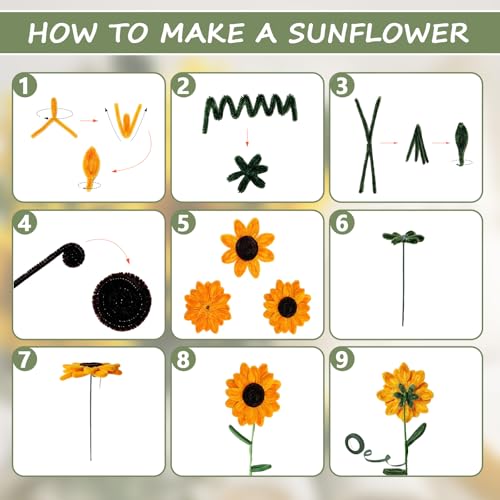 350Pcs Pipe Cleaners Craft, 5 Colors Pipe Cleaner Flower Kit, Thick Fluffy Chenille Pipe Cleaners Bulk with Floral Wires, Tape & Video Tutorial, DIY Handmade Sunflowers Making Bouquet, Creative Gift - color: 350 Pcs 5 Colors-Sunflower