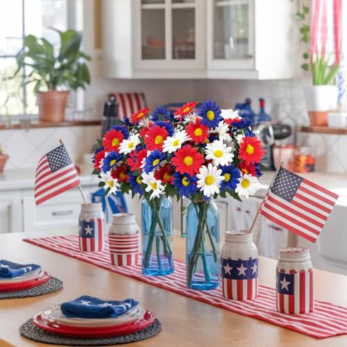 4 Bunches Memorial Day Flowers for Cemetery 15" Red White and Blue Artificial Flowers Faux Daisies Silk Flowers for 4th of July Table Decorations Indoor Outdoor