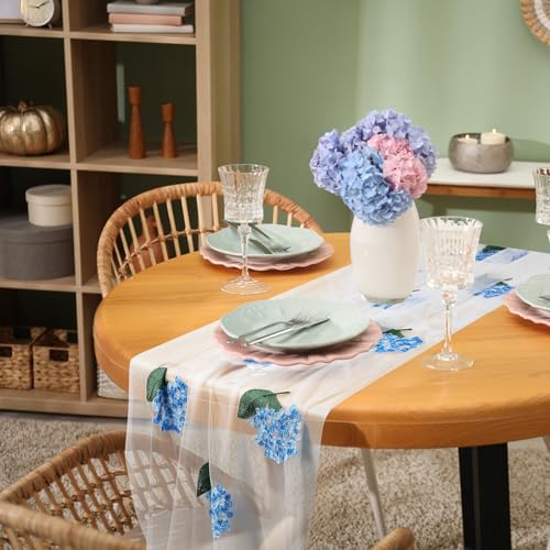 Hydrangea Floral Table Runner 29.5 x 118 Inch Embroidery Wildflower Tulle Table Runner Summer Gauze Home Decor for Wedding Birthday Baby Shower Party Dining Decor DIY - style: Hydrangea
