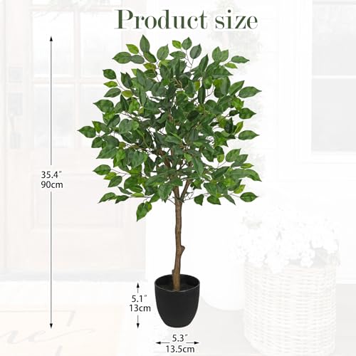3Ft Ficus Tree Artificial Plants Indoor with Realistic Trunk, 2Pack Tall Fake Potted Tree Faux Floor Plant, Artificial Tree in Pot for Home Living Room Office Bedroom Corner Decor(Green) - color: Green, size: 3Ft -2pack