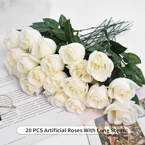 20PCS Artificial Roses with Long Stems - Realistic Silk Flowers, Fake Roses Real Touch Bouquet Roses for Home Decor, Bridal Wedding Table Centerpieces, Faux Rose Flowers (White&Royal Blue) - color: White&royal Blue, size: 20 PCS