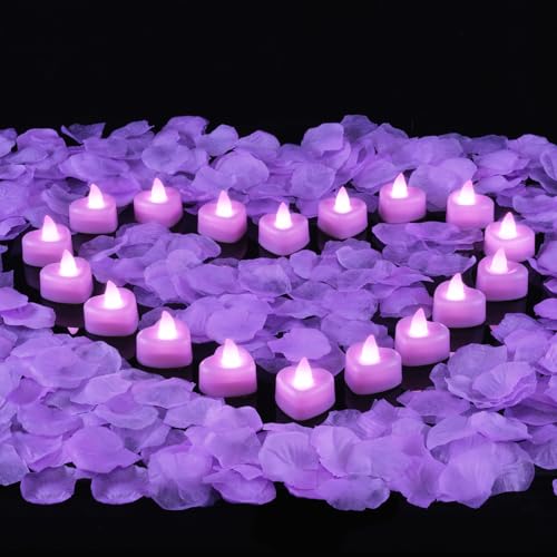 Amagic 2000 Pieces Light Purple Artificial Rose Petals with 24 Light Purple LED Tea Lights, Rose Petals and Candles Set for Proposal, Anniversary, Romantic Night, Wedding Decor - color: 24 Pcs Light Purple Candles + 2000 Pcs Light Purple Petals
