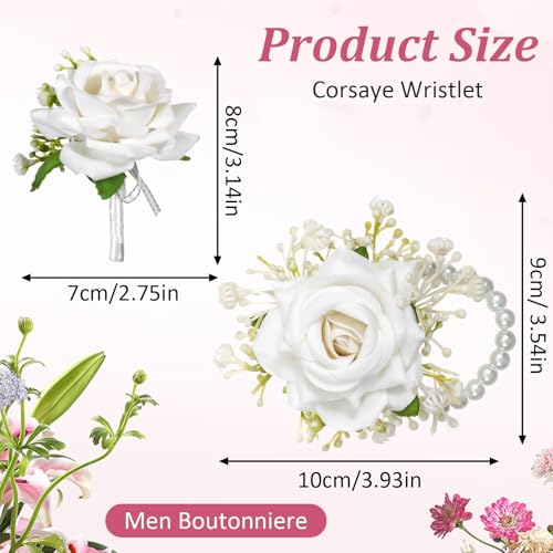 Tucnoeu 2pcs White Wrist corsages for Prom, Corsage Wristlet Band, Artificial Boutonniere and Corsage Set, for Prom Decor Wedding Party Flower Accessories - color: White