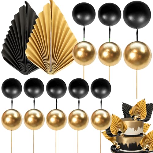 28 Pack Black Gold Balls & Palm Leaves Cake Toppers - Foam Balls & Paper Palm Leaf Cake Inserts for Birthday, Wedding, Baby Shower & Party Decorations - color: Black Gold