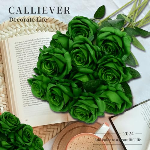 12pcs Rose Artificial Flowers, Fake Rose Silk Flower Bouquet, Faux Roses with Stems - 50cm, Roses Decor for Wedding & Home Decoration (Dark Green) - color: Dark Green