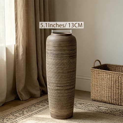19.7 Inch Rustic Ceramic Large Floor Vase, Ribbed Textured Rustic Farmhouse Vase for Pampas Grass, Living Room & Entryway Décor, Handmade Ceramic Accent - size: 19.7 Inch