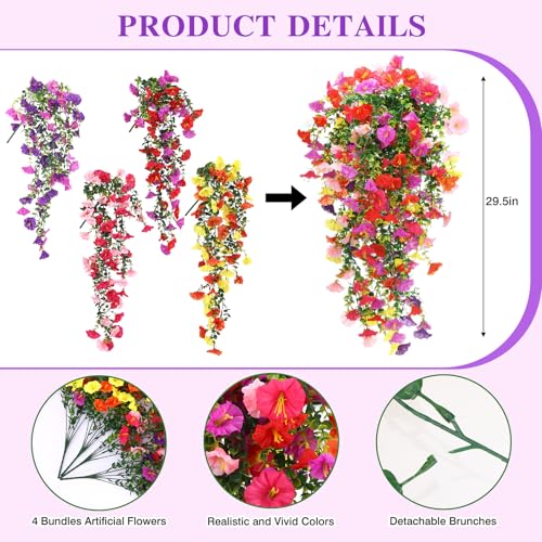 CEWOR 4pcs Artificial Hanging Plants for Outdoor, Fake Flowers Faux Silk Morning Glory with Eucalyptus, UV Resistant Realistic Faux Flower Greenery for Outside Indoor Home Porch Patio Decor - color: Multicolor Morning Glory