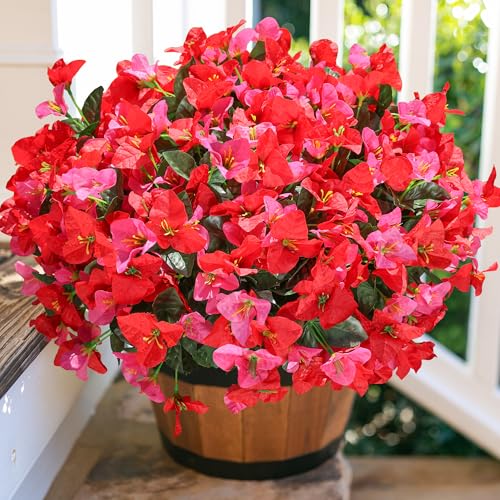 Artificial Flowers for Outdoors Outside Spring Summer Decor, 4 Bundles Silk Bougainvillea Fake Plants Faux Outdoor Flowers for Planters UV Resistant Realistic for Porch Window Garden Home, RedHotpink - color: Redhotpink