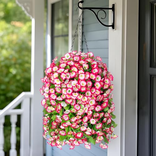 Ammyoo Artificial Faux Hanging Flowers Basket for Spring Summer Outdoor Porch Decor, Fake Silk Colorful Morning Glory Eucalyptus in Planter UV Resistant Look Real for Home Patio Balcony Yard(Pink) - color: Pink