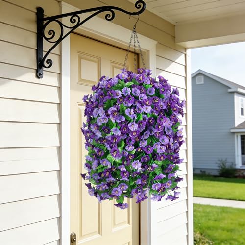 INXUGAO Artificial Flowers with Hanging Basket, Outdoor Faux Plants Silk Morning Glory Vines, Fake Green Arrangement for Garden Patio Spring Summer Decor(4 pcs,Purple) - color: Purple