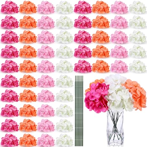 Suncalla 60 Pcs Artificial Hydrangea Flowers Bulk Silk Hydrangea Full Flowers Heads with Stems for Wedding, Home Table Centerpieces, Garden, Baby Shower, Party Decoration (Pink,Orange) - color: Pink,orange