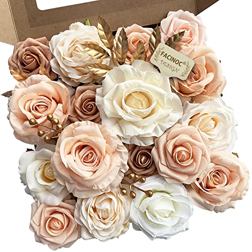 FACINOC Roses Artificial Flowers Bouquet Combo Box Set Fake Flower Bulk for DIY Bridal Baby Shower Decorations Wedding Centerpieces for Table Silk Floral Arrangements Party Home Decor Indoor Peach - color: Pastel Peach, Beige