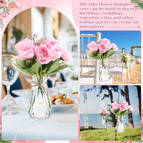 Zeyune 37 Pack Artificial Peonies Flowers with Bud Vase Bulk 24 Bundles Silk Peonies Bouquets 12 Plastic Clear Vase with 1 Rope Fake Flowers for Table Centerpiece Vases(Pink,Perfume) - color: Pink, style: Perfume