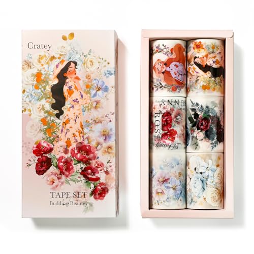 Floral PET Washi Tape Set - 6 Roll Wide PET Tape for Scrapbook Supplies,Character Decorative Girls Sticker,Flower Stickers, Bullet Journals Materials,Planner Arts Craft Collage - color: Girls with Flowers